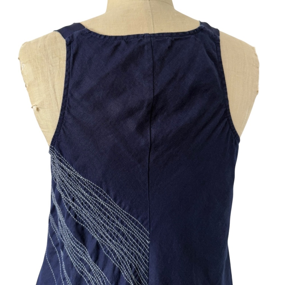 Eileen Fisher Irish Linen Dress Size M Navy Stitched Handkerchief Hem V Neck - Picture 7 of 13
